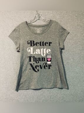 Wound Up Girl's Gray 'Better Latte Than Never' Graphic Tee with Pink Accent XXL
